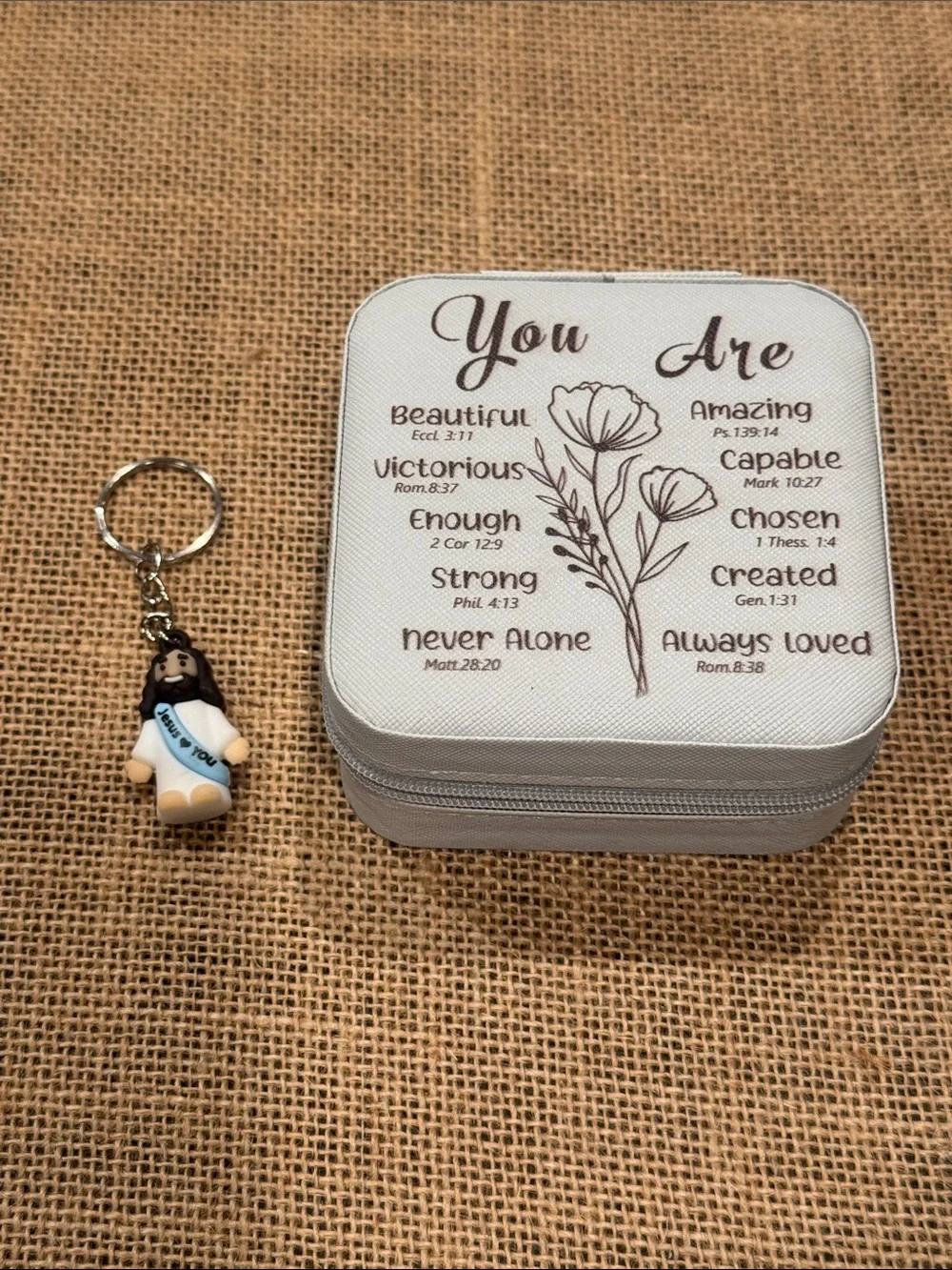 Light Blue Travel Inspirational Zip Around Jewelry Box with Baby Jesus Keychain